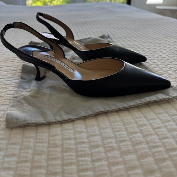 Manolo Blahnik Carolyne Leather Kitten Heel Slingback, Black, Size 37.5 - Picture 1 of 3